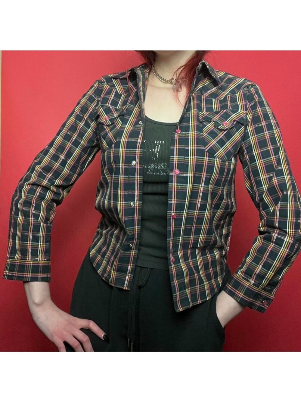 Angel ranch / black plaid tartan mid sleeve top  🩷🖤​